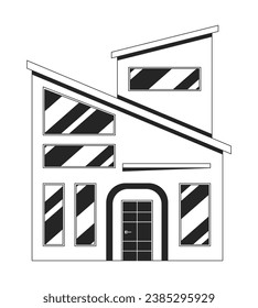 Modern house with sloped roof black and white 2D line cartoon object. Mansion real estate isolated vector outline item. Building exterior luxury. Residential home monochromatic flat spot illustration