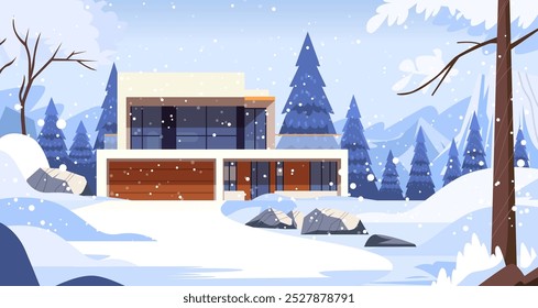 Modern house in snowy winter landscape with pine trees mountains and snowflakes falling