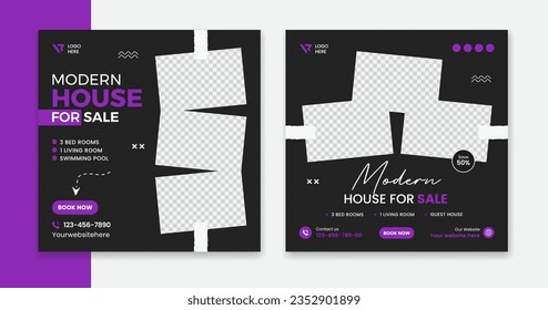 Modern House social media post design, residential home square leaflet vector