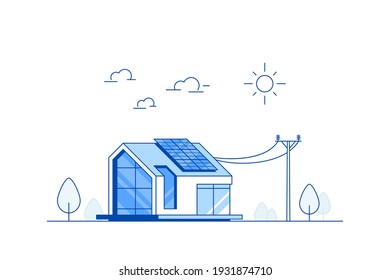 Casa moderna con paneles solares en el techo. Eco House, Energy Efective House, Green Energy Conception Banner Design. Ilustración vectorial de estilo plano.