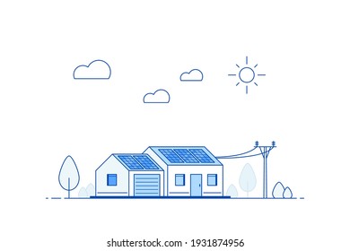 Modern House with Solar Panels on the Roof. Eco House, Energy Effective House, Green Energy concept banner design. Flat style vector illustration.