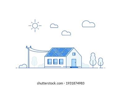 Modern House with Solar Panels on the Roof. Eco House, Energy Effective House, Green Energy concept banner design. Flat style vector illustration.