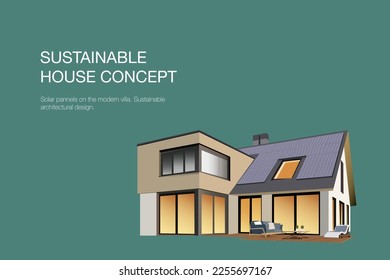 Modern house with solar panels on the roof. Contemporary energy-efficient isometric eco house on blue background. Real estate template. Architectural design concept
