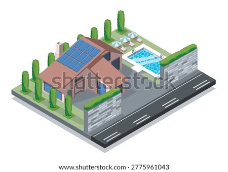Modern house with solar panels, pool and trees in isometric style on white background, concept of eco living and sustainable energy. Hand-drawn vector illustration