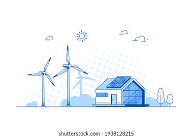 Modern House with Solar Panels and wind Turbines.