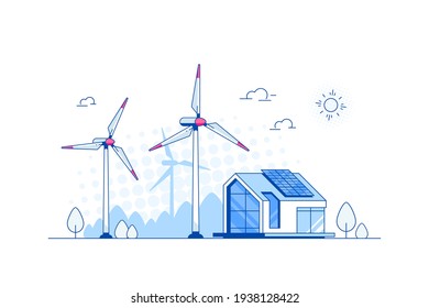 Modern House with Solar Panels and wind Turbines.