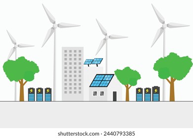 Modern House with Solar Panels and wind Turbines. Solar panels and wind turbines. Eco green city theme. Ecological sustainable energy supply.