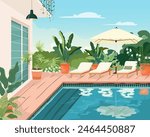 Modern house with swimming pool in summer backyard. Poolside vacation on back yard lounge place. Outdoor villa design with parasol and sun loungers on sunny day flat cartoon illustration
