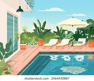 Modern house with swimming pool in summer backyard. Poolside vacation on back yard lounge place. Outdoor villa design with parasol and sun loungers on sunny day flat cartoon illustration