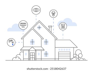 Modernes Haus mit Symbolen für vernetzte Smart Home-Geräte wie Sicherheit, Beleuchtung, Klimaanlage und Wassersysteme. Ideal für Technikbegeisterte, Heimautomatisierung, Sicherheit, Energieeffizienz und