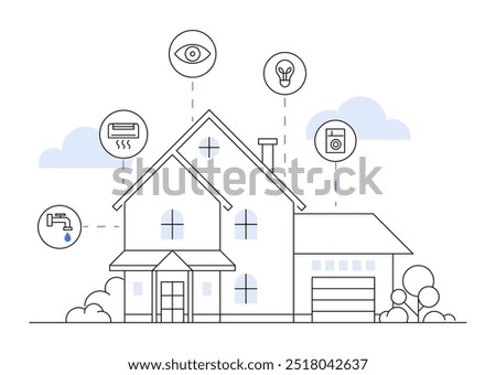 Modern house with symbols representing connected smart home devices such as security, lighting, HVAC, and water systems. Ideal for tech enthusiasts, home automation, security, energy efficiency, and s