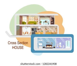 Modern House, Three-Storey Cottage, Futuristic Design Villa or Mansion Flat Vector Cross Section Interior. House Rooms Detailed Plan with Hall, Workplace, Kitchen, Bedroom and Bathroom Illustration