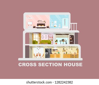 Modern House, Three-Storey Cottage, Futuristic Villa or Mansion Flat Vector Cross Section Interior. Dwelling Rooms Detailed Plan with Hall, Cabinet, Spacious Kitchen, Bedroom and Bathroom Illustration