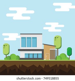 A modern house with tree and clouds on the ground, Modern building, and architecture, Flat home vector illustration.