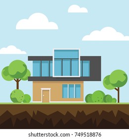 A modern house with tree and clouds on the ground, Modern building, and architecture, Flat home vector illustration.