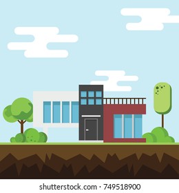 A modern house with tree and clouds on the ground, Modern building, and architecture, Flat home vector illustration.
