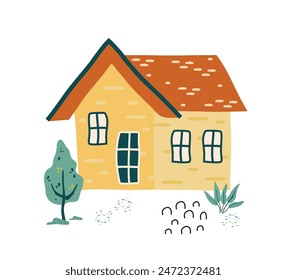 modern house, tree, road. a residential building that looks like a cartoon, hand-drawn in a cartoon style. elements isolated on a white background. for print, children, postcard, card. Vector art 