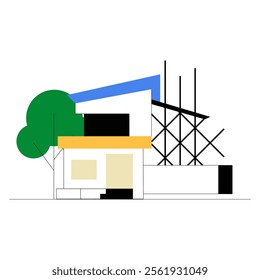 Modern House Under Construction In Flat Vector Illustration Symbolizing Architecture, Building Process, And Urban Development, Isolated On White Background