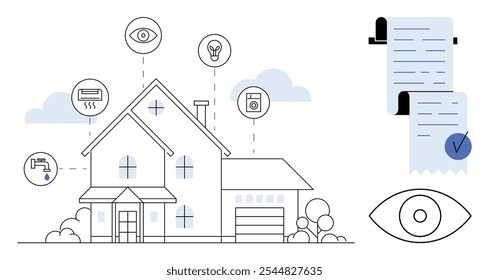 Modern house with various connected devices including security camera, light bulb, HVAC, washing machine, and water tap. Ideal for smart home technology, home automation, energy efficiency, security