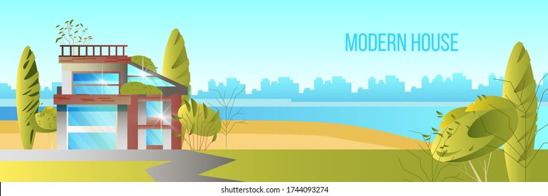 Modern house vector banner with lake, cityscape green trees, building. Horizontal landscape with futuristic architecture, road, river and bushes. Real estate illustration in flat style