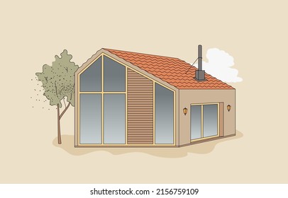 Modern house vector illustration. Eco house cabin design isolated on sandy tone backdrop. Architecture style image with cloud and trees. 