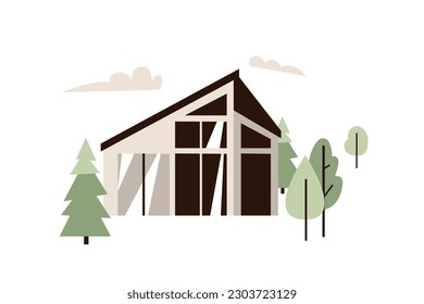 Modern house vector illustration in simple flat minimal style with trees. Isolated on white background.