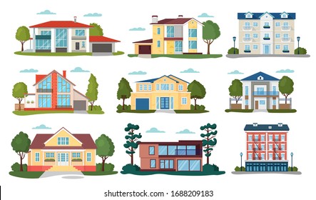 Modern house vector illustrations. Cartoon flat home apartment, facade exterior of residential building with garage, green trees. Modern cottage in town, family villa house set icons isolated on white