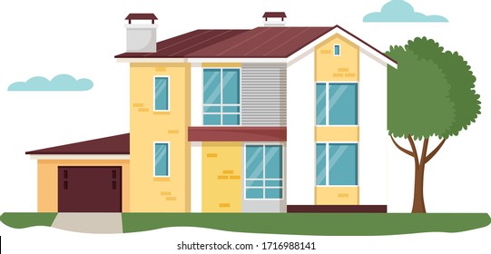 Modernas ilustraciones vectoriales. Apartamento de caricatura, fachada exterior de edificio residencial con garaje, árboles verdes. Moderna casa de campo en la ciudad, casa de campo familiar con íconos aislados en blanco