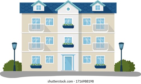 Moderne Haus-Vektorgrafiken. Cartoon Wohnung zu Hause, Fassade Außengebäude mit Garage, grüne Bäume. Modernes Landhaus in der Stadt, Familienhaus mit Symbolen einzeln auf Weiß