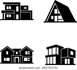Modern house vector logo icon set. Black silhouette real estate building, A-frame cabin, residential villa, and architecture collection.