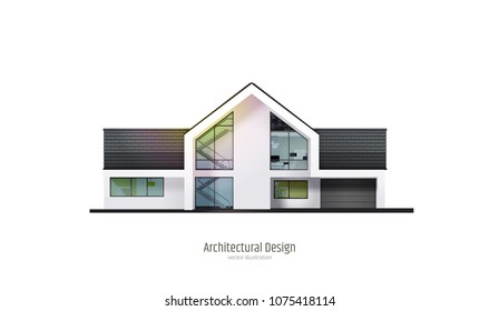 Modernes Haus, Villa, Häuschen, mit Schatten, einzeln auf weißem Hintergrund. Visualisierung der Architektur. Trendfarbenes dreistöckiges Landhaus mit weißer Fassade, braunem Dach. Realistische Vektorgrafik.