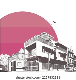 Modern house, villa, cottage, with shadows, isolated on white background. Architectural visualization. Trendy color three story cottage with white facade, brown roof. Realistic vector illustration.