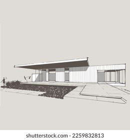 Modern house, villa, cottage, with shadows, isolated on white background. Architectural visualization. Trendy color three story cottage with white facade, brown roof. Realistic vector illustration.