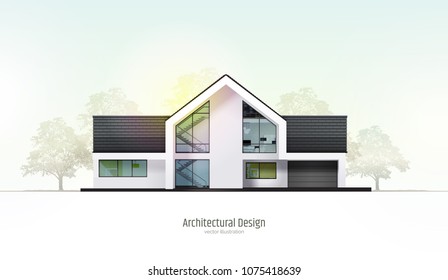 Modernes Haus, Villa, Landhaus, Stadthaus mit Schatten, mit realistischen Bäumen. Visualisierung der Architektur. Trendfarbenes dreistöckiges Landhaus mit weißer Fassade, braunem Dach. Realistische Vektorgrafik.