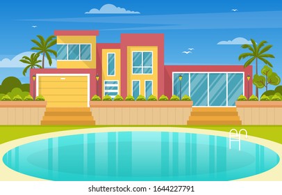 Modern House Villa Exterior with Swimming Pool at Backyard Illustration