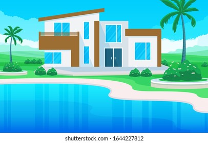 Modernes Haus Villa Außenbereich mit Swimmingpool auf Hinterhof Illustration