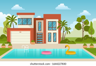 Modern House Villa Exterior with Swimming Pool at Backyard Illustration