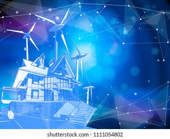 A modern house & windmills on a blue background surrounded by digital networks - an illustration of a smart eco-friendly home - the concept of modern information technology in managing a house, a city