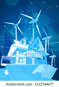 A modern house and windmills on a blue background surrounded by digital networks: an illustration of a smart eco-friendly home - the concept of modern information technology smart house or smart city