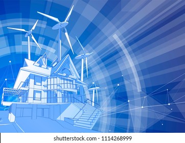 A modern house and windmills on a blue background surrounded by digital networks: an illustration of a smart eco-friendly home - the concept of modern information technology smart house or smart city