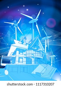 A modern house and windmills on a blue background surrounded by digital networks: an illustration of a smart eco-friendly home - the concept of modern information technology smart house or smart city