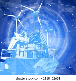 A modern house and windmills on a blue background surrounded by digital networks: an illustration of a smart eco-friendly home - the concept of modern information technology smart house or smart city