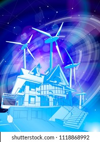 A modern house and windmills on a blue background surrounded by digital networks: an illustration of a smart eco-friendly home - the concept of modern information technology smart house or smart city