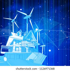 A modern house and windmills on a blue background surrounded by digital networks: an illustration of a smart eco-friendly home - the concept of modern information technology smart house or smart city