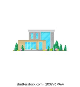 Modern house with windows, wooden chalet or villa flat cartoon icon. Vector facade of modern home, fir trees, potted plants. Contemporary chalet country house. Real estate building on rent or sale