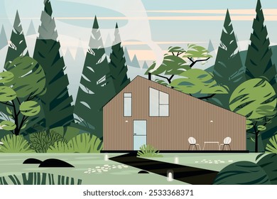 Modern house wood landscape. Abstract wooden cottage with lawn and forest trees, rural landscape background with country building. Vector illustration.