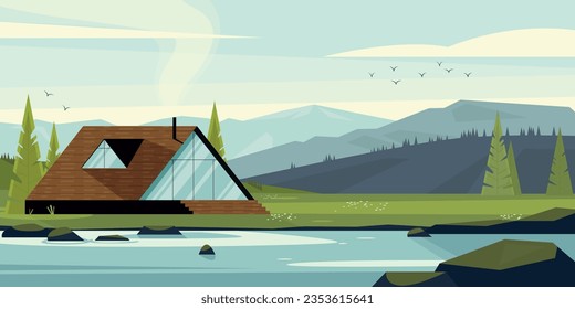 Modern house in woods landscape. Cartoon cottage in forest, a-frame in park and lake, rural house with cabin and boat. Vector landscape. Residential building exterior in nature countryside