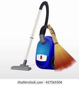 Modern household appliance and broom for cleaning around the house. The illustration on a white background.