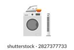 Modern household appliances set featuring a front load washing machine, an electric iron, and a sleek tower fan.