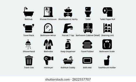 Modern household bathroom elements collection featuring folded towels trash cans mirrors and toiletries for digital interface design product catalog layouts and interior decorating guides shown as clean black vector silhouettes on a simple monochromatic background.